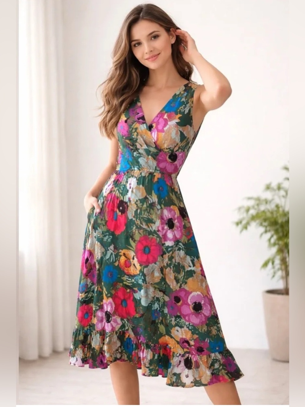 Floral V-Neck Midi Dress in Green with Pink Accents